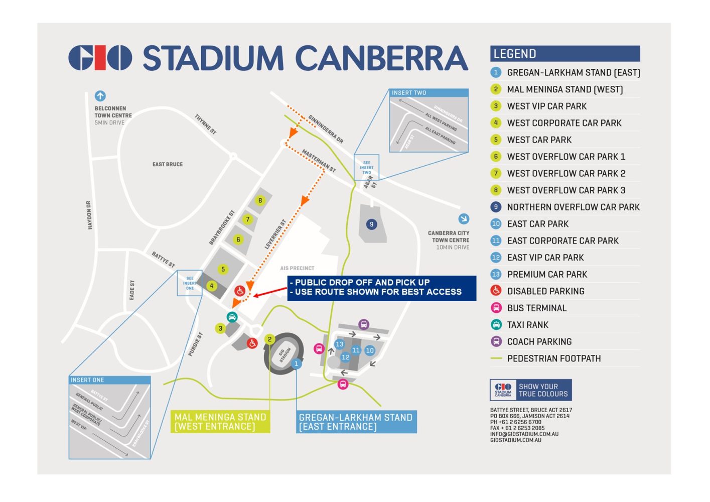 Car drop off zone on the western side of GIO Stadium